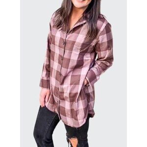 LuLaRoe Abigail Flannel Long-Sleeve Button-Up Plaid Shirt Pink/Brown Large